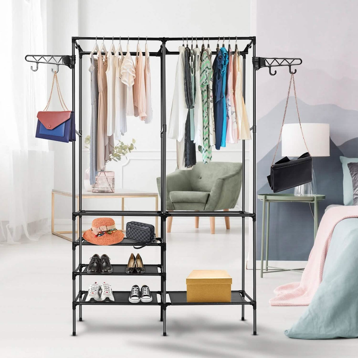 Metal Garment Rack with Shoe Clothing Storage Shelves
