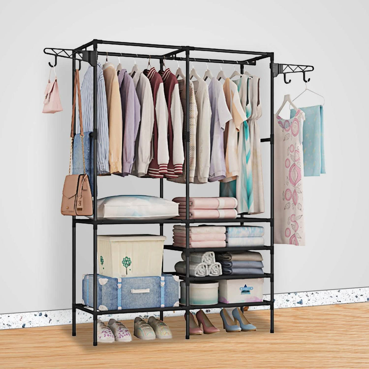 Metal Garment Rack with Shoe Clothing Storage Shelves