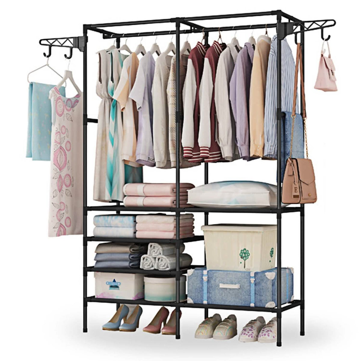 Metal Garment Rack with Shoe Clothing Storage Shelves